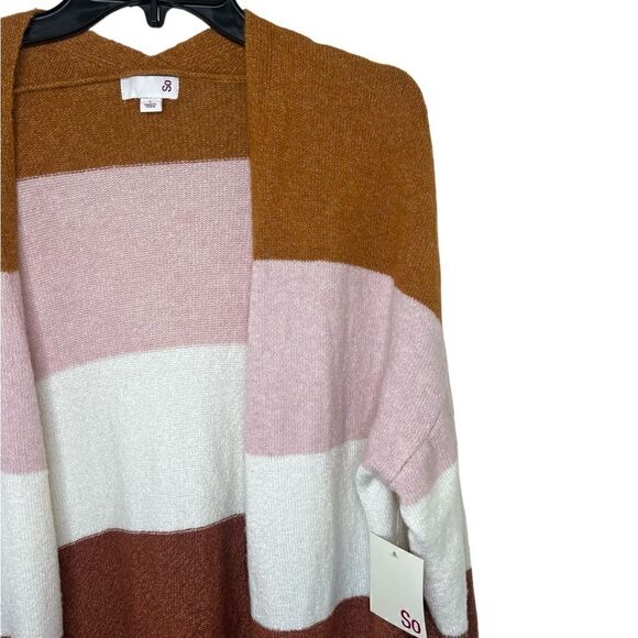 SO Pink/Brown/White Multi Long Sleeve Striped Open Front Cardigan Large - Picture 7 of 12